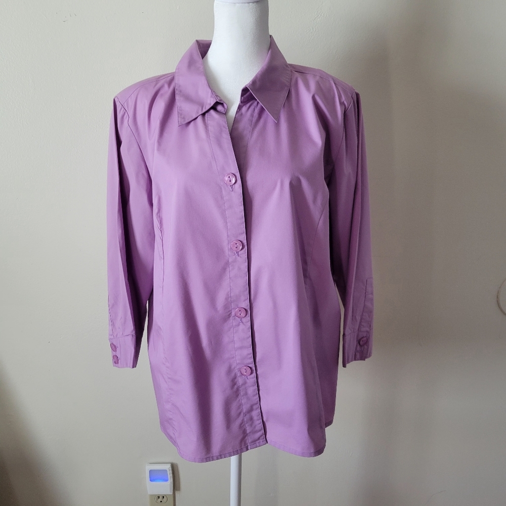 Denim & Co Purple Button-Up Shirt 3/4 Sleeves LGR